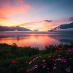 A stunning and ethereal landscape featuring a breathtaking sunset over a serene lake, with vibrant hues of orange, pink, and purple reflecting on the water's surface