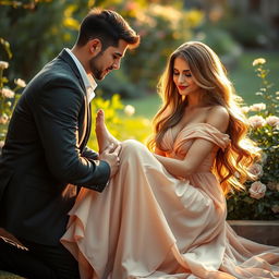 A romantic scene depicting a handsome man gently kissing the foot of a beautiful woman