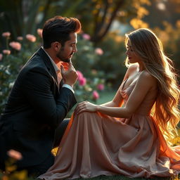 A romantic scene depicting a handsome man gently kissing the foot of a beautiful woman