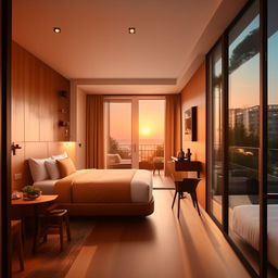 A modern, premium, budget-friendly room of 9 by 8 feet size with a stylish balcony. The room design should emphasize functional minimalism, blending affordability with contemporary chic.