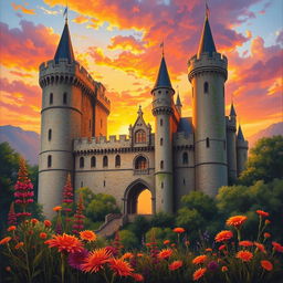 A stunning medieval castle set against a breathtaking sunset, with rich hues of orange, pink, and purple spilling across the sky