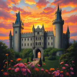 A stunning medieval castle set against a breathtaking sunset, with rich hues of orange, pink, and purple spilling across the sky