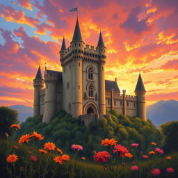 A stunning medieval castle set against a breathtaking sunset, with rich hues of orange, pink, and purple spilling across the sky