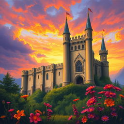 A stunning medieval castle set against a breathtaking sunset, with rich hues of orange, pink, and purple spilling across the sky