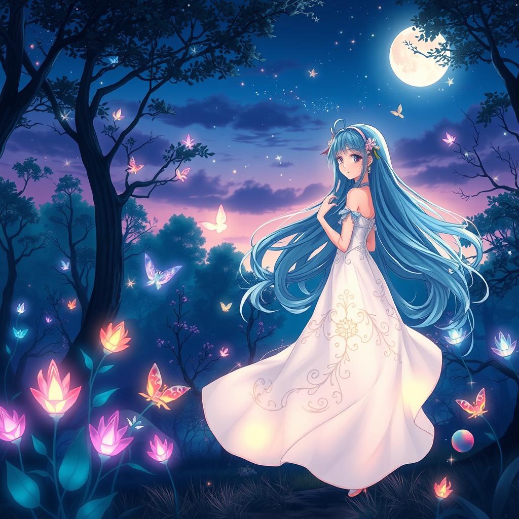 A stunning anime-style illustration featuring an ethereal forest at twilight, with glowing magical creatures flitting among the trees