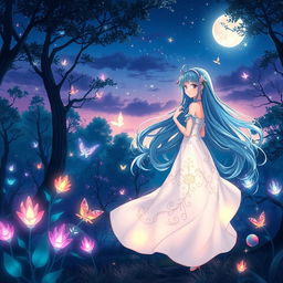 A stunning anime-style illustration featuring an ethereal forest at twilight, with glowing magical creatures flitting among the trees