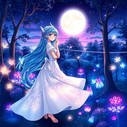 A stunning anime-style illustration featuring an ethereal forest at twilight, with glowing magical creatures flitting among the trees