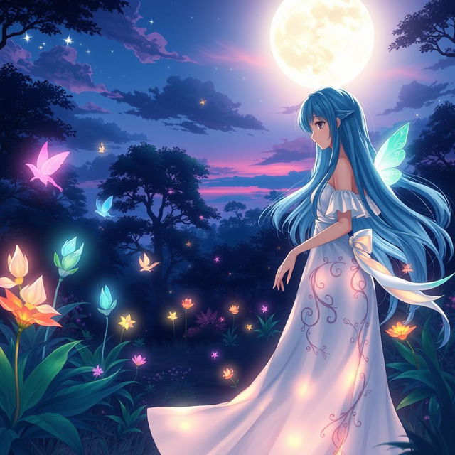 A stunning anime-style illustration featuring an ethereal forest at twilight, with glowing magical creatures flitting among the trees