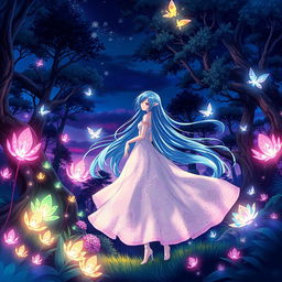 A stunning anime-style illustration featuring an ethereal forest at twilight, with glowing magical creatures flitting among the trees