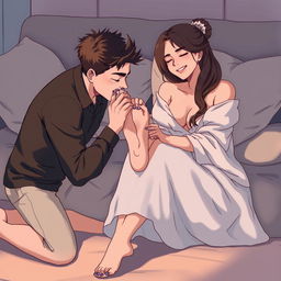 A scene depicting a man kneeling on the ground, tenderly licking the sole of a woman's foot, showcasing an intimate moment between them