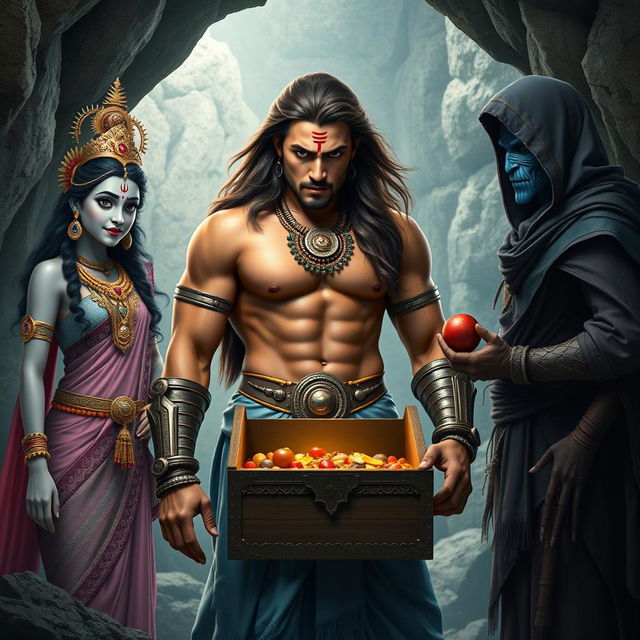 A high-resolution wide shot featuring an Indian warrior, a muscular man with curves, standing confidently at the center