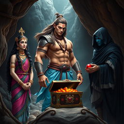 A high-resolution wide shot featuring an Indian warrior, a muscular man with curves, standing confidently at the center