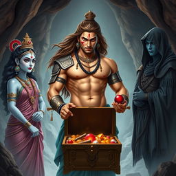 A high-resolution wide shot featuring an Indian warrior, a muscular man with curves, standing confidently at the center