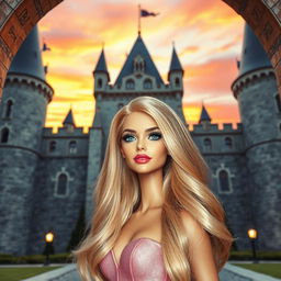 A stunning photograph of a majestic medieval castle at sunset, showcasing a warm orange and pink sky