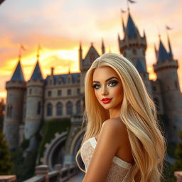 A stunning photograph of a majestic medieval castle at sunset, showcasing a warm orange and pink sky