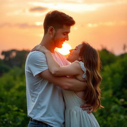 A romantic scene of a couple embracing each other in a warm and tender hug