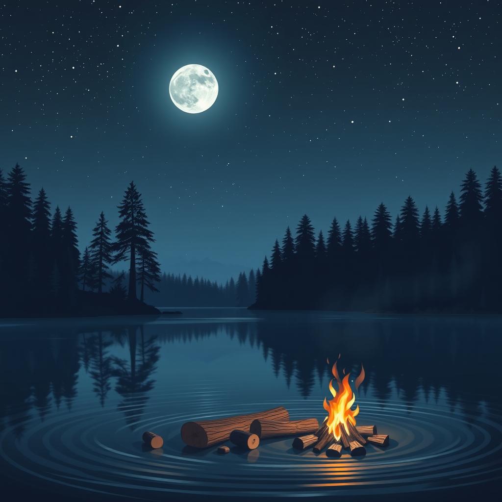 A serene nighttime landscape featuring a calm lake reflecting the moonlight, surrounded by tall pine trees