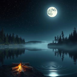A serene nighttime landscape featuring a calm lake reflecting the moonlight, surrounded by tall pine trees