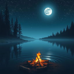 A serene nighttime landscape featuring a calm lake reflecting the moonlight, surrounded by tall pine trees