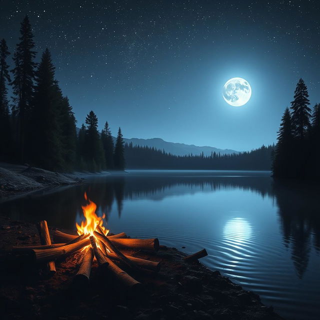 A serene nighttime landscape featuring a calm lake reflecting the moonlight, surrounded by tall pine trees