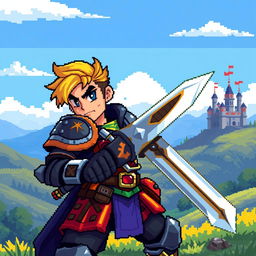 A pixel art scene featuring a brave male warrior character in an RPG game