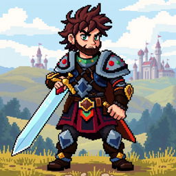 A pixel art scene featuring a brave male warrior character in an RPG game