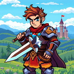 A pixel art scene featuring a brave male warrior character in an RPG game