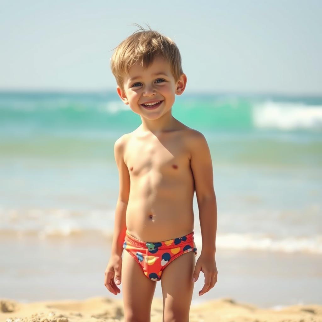 A charming young boy enjoying a sunny day at the beach, looking cute and carefree
