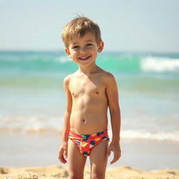 A charming young boy enjoying a sunny day at the beach, looking cute and carefree