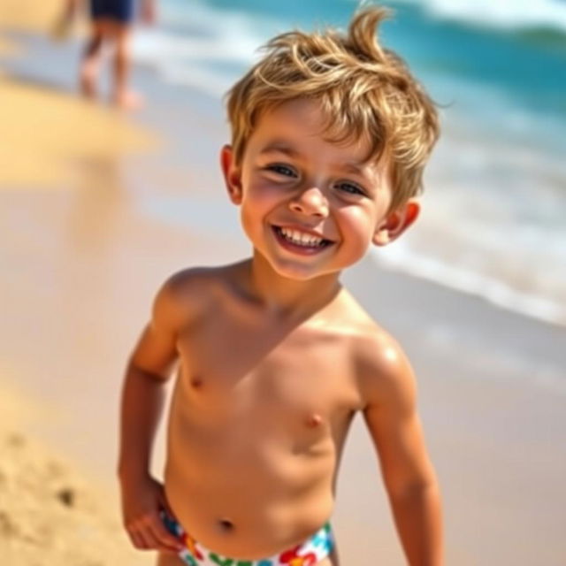 A charming young boy enjoying a sunny day at the beach, looking cute and carefree
