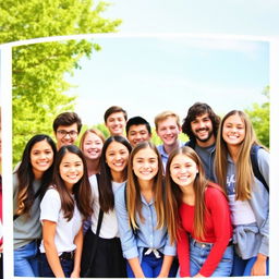 A vibrant and cheerful school yearbook picture featuring a diverse group of happy high school students posing outdoors on a sunny day