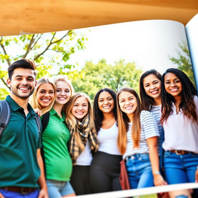 A vibrant and cheerful school yearbook picture featuring a diverse group of happy high school students posing outdoors on a sunny day