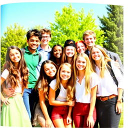 A vibrant and cheerful school yearbook picture featuring a diverse group of happy high school students posing outdoors on a sunny day
