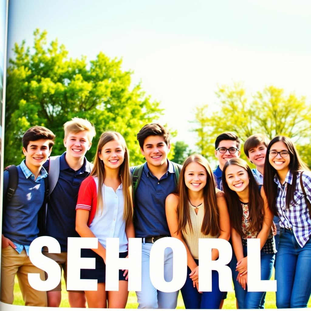 A vibrant and cheerful school yearbook picture featuring a diverse group of happy high school students posing outdoors on a sunny day