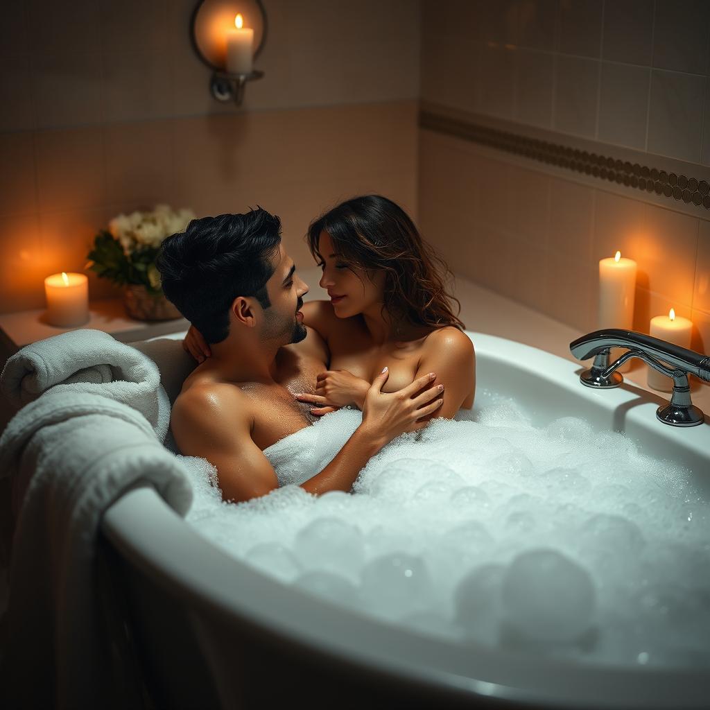 A steamy scene in a dimly lit bathroom, featuring a sensuous couple playfully interacting in a luxurious bathtub filled with bubbles