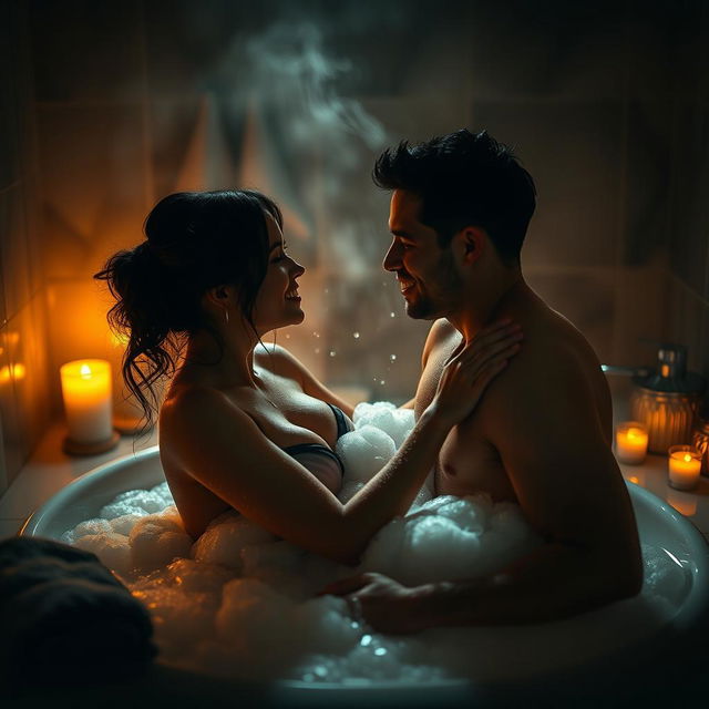 A steamy scene in a dimly lit bathroom, featuring a sensuous couple playfully interacting in a luxurious bathtub filled with bubbles