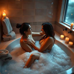 A steamy scene in a dimly lit bathroom, featuring a sensuous couple playfully interacting in a luxurious bathtub filled with bubbles