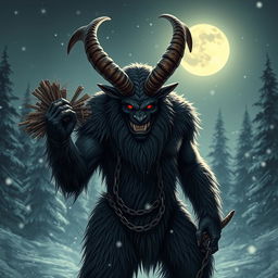 A fierce and menacing figure resembling Krampus, with large curved horns, a snarling face, and shaggy dark fur covering his muscular body