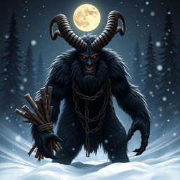 A fierce and menacing figure resembling Krampus, with large curved horns, a snarling face, and shaggy dark fur covering his muscular body