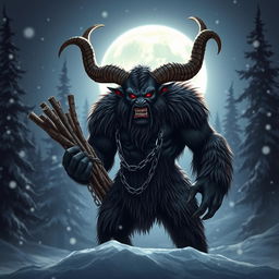 A fierce and menacing figure resembling Krampus, with large curved horns, a snarling face, and shaggy dark fur covering his muscular body