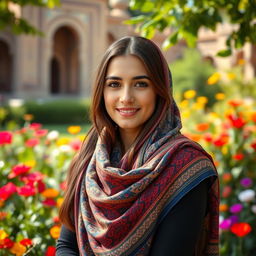 A beautiful Iranian girl wearing a colorful scarf, with traditional Persian features and a gentle smile, posed gracefully in an outdoor setting filled with vibrant flowers and greenery