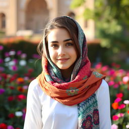 A beautiful Iranian girl wearing a colorful scarf, with traditional Persian features and a gentle smile, posed gracefully in an outdoor setting filled with vibrant flowers and greenery