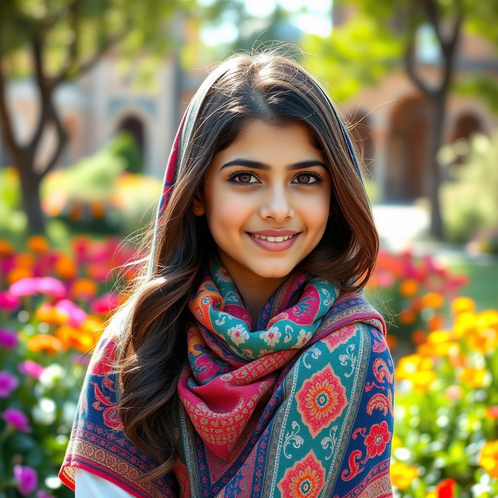 A beautiful Iranian girl wearing a colorful scarf, with traditional Persian features and a gentle smile, posed gracefully in an outdoor setting filled with vibrant flowers and greenery