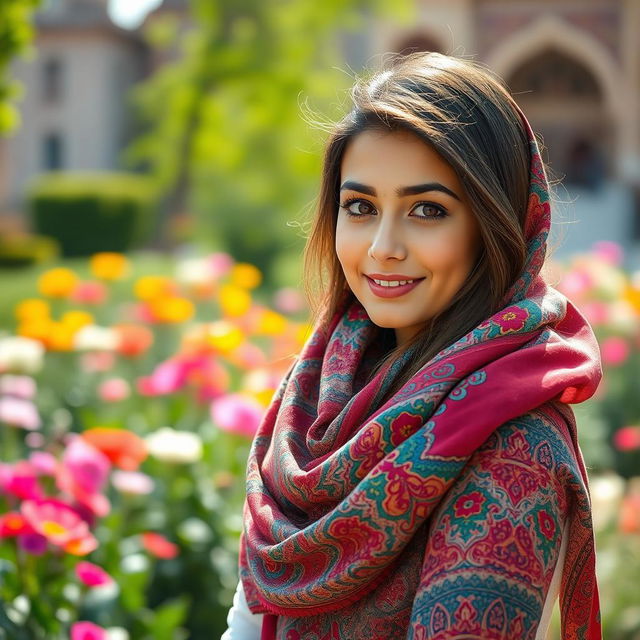 A beautiful Iranian girl wearing a colorful scarf, with traditional Persian features and a gentle smile, posed gracefully in an outdoor setting filled with vibrant flowers and greenery