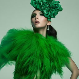 A fashion model dressed in a breathtakingly stunning green ensemble