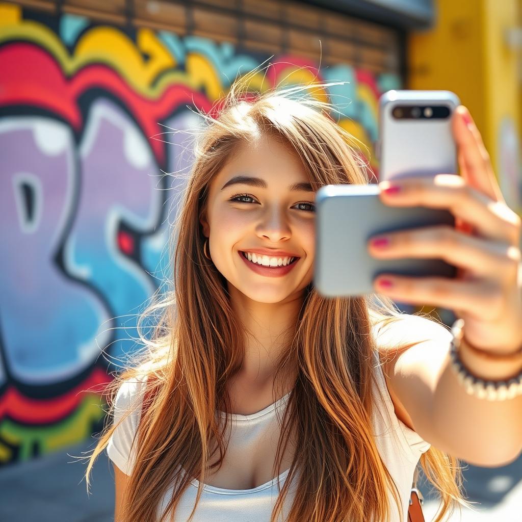 A teenage girl taking a selfie with a cheerful smile, with vibrant, colorful street art in the background