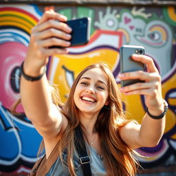 A teenage girl taking a selfie with a cheerful smile, with vibrant, colorful street art in the background