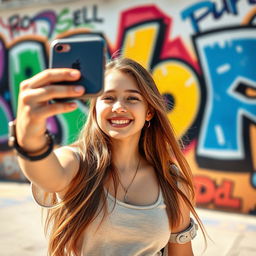 A teenage girl taking a selfie with a cheerful smile, with vibrant, colorful street art in the background