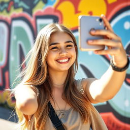 A teenage girl taking a selfie with a cheerful smile, with vibrant, colorful street art in the background