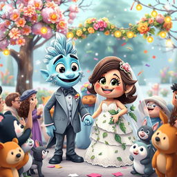 A vibrant and whimsical wedding ceremony featuring two animated characters named Ice and Danky